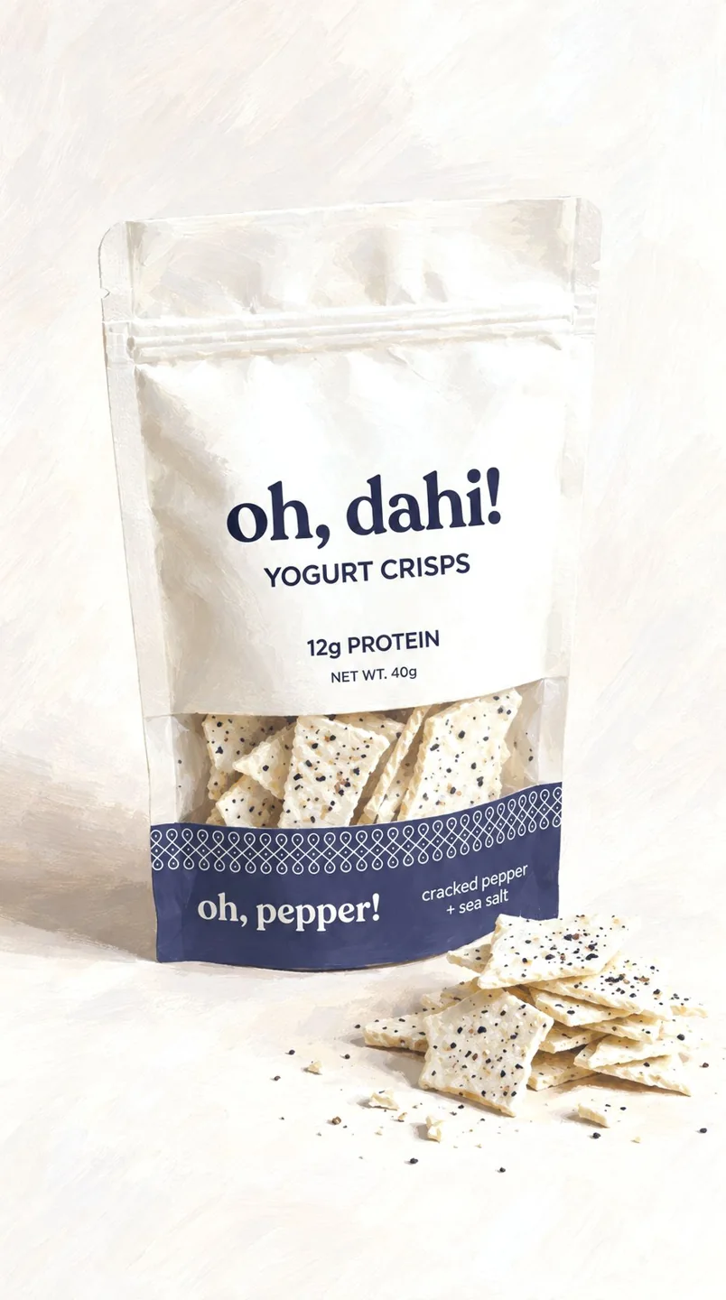 Concept illustration of a yogurt crisps pack with crisps beside it
